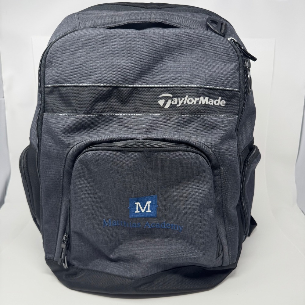 TaylorMade Golf Backpack Grey Black Matthias Academy Embroidered Padded Straps